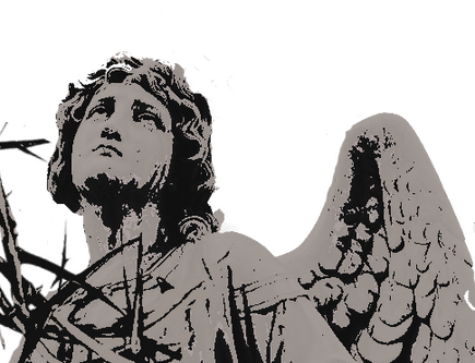 an angel statue looking up morosely.