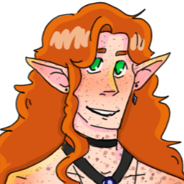 A drawing- a headshot of a smiling elven man with freckles, green eyes, and long, curly, orange hair.