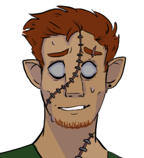 A drawing- a headshot of a young man with dark red hair, blank white eyes, and stitches connecting different parts of his face and neck